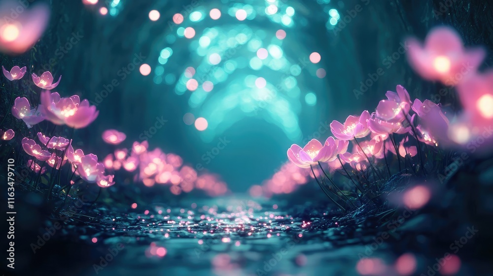 Poster mystical lush idea. a whimsical path lined with glowing flowers and dreamy lights beckons exploratio