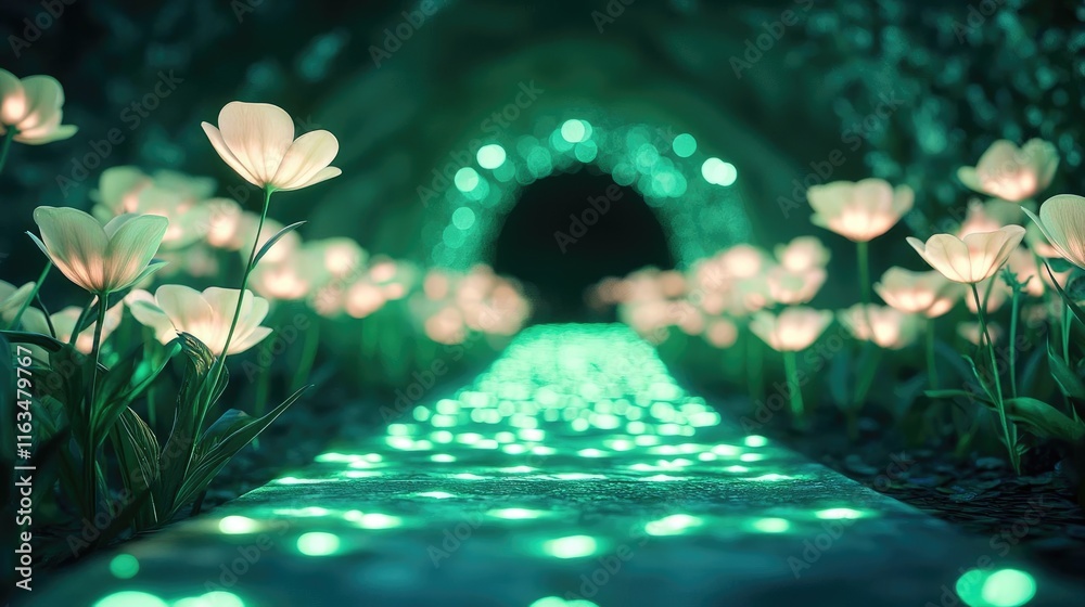 Poster Mystical lush idea. A magical pathway lined with luminous flowers, creating a serene and enchanting atmosphere.