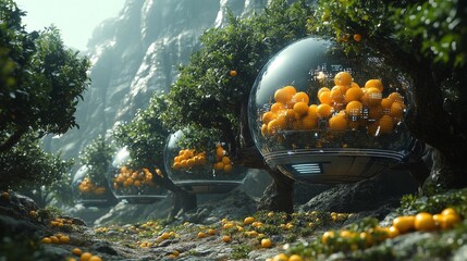 Futuristic Smart Orchard with Suspended Cultivator. Generative AI