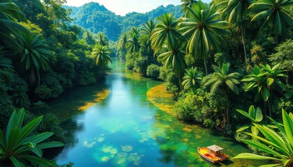 Fototapeta premium Lush Tropical River Scene With Boat And Palm Trees