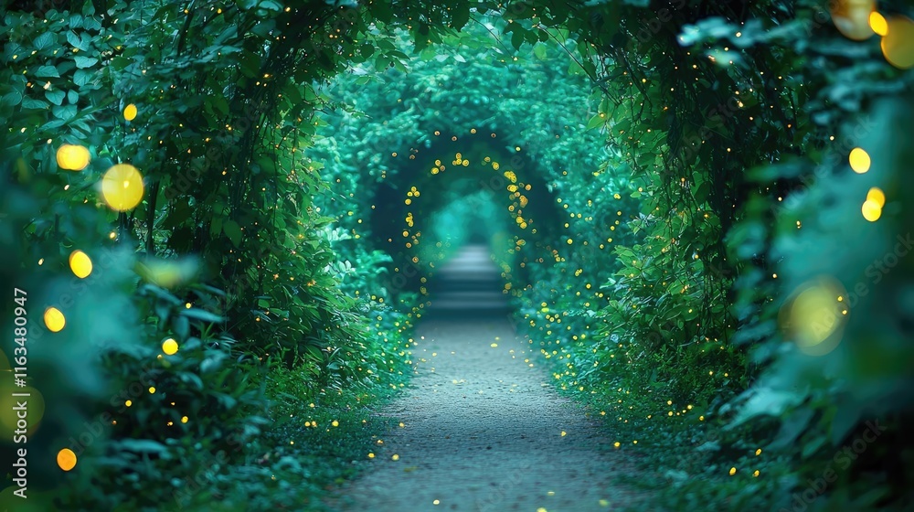 Poster mystical nature concept. serene pathway lined with lush greenery and sparkling lights guiding the wa
