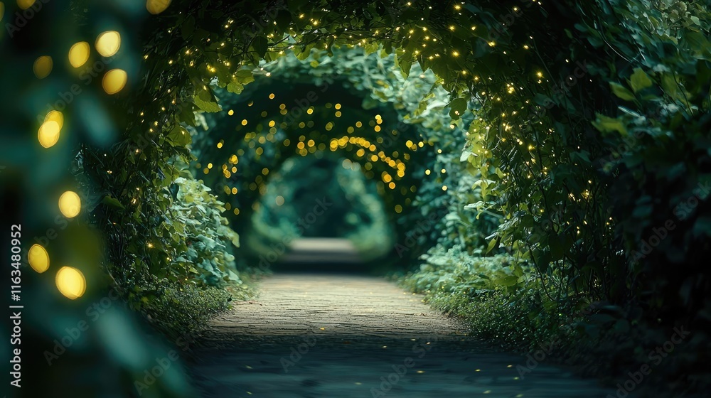 Poster mystical nature concept. a dreamy illuminated pathway surrounded by lush greenery and enchanting lig