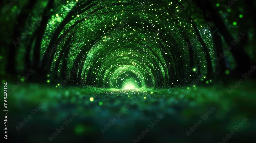 Poster mystical lush idea. a mystical green tunnel illuminated by soft light and sparkling particles, encha