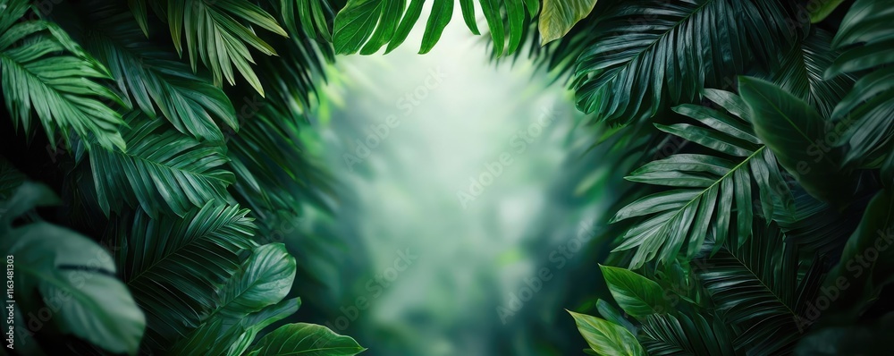 Poster Mystical lush idea. Lush green foliage creating a serene and tranquil natural frame in the forest.