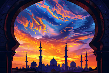 Striking illustration of an arched mosque window framing view of a silhouetted mosque with orange sky