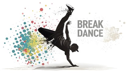 Silhouette of a break dancer from particles and white background 
