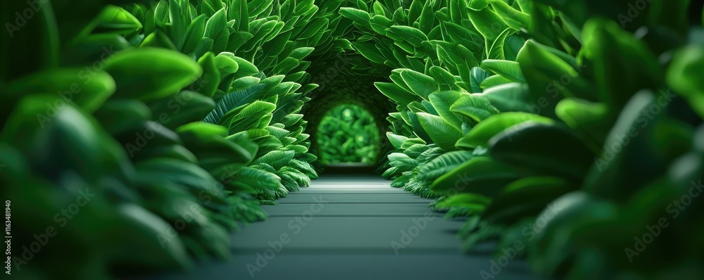 Poster mystical lush idea. a serene pathway surrounded by lush green foliage inviting exploration and tranq