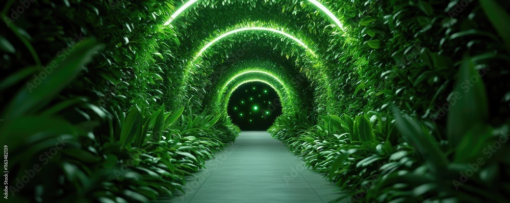 Poster mystical lush idea. a mesmerizing green tunnel adorned with glowing lights and lush greenery.