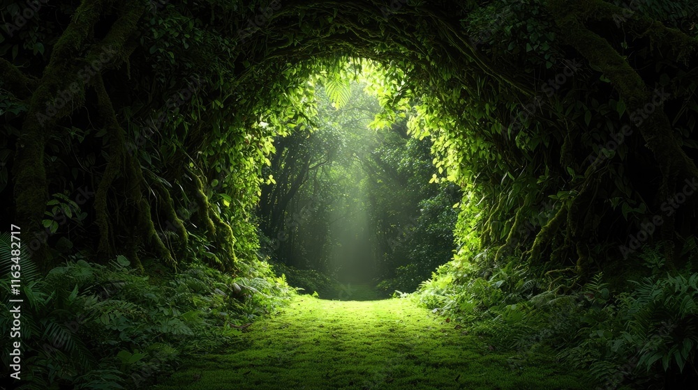 Poster mystical nature concept. a mystical forest path illuminated by sunlight, surrounded by lush greenery