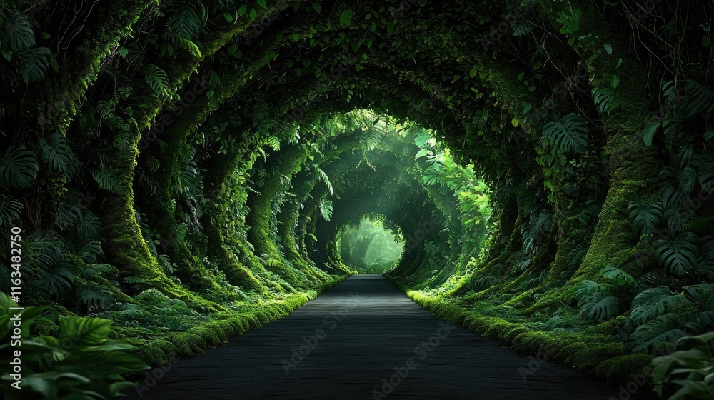 Poster mystical nature concept. lush green tunnel of trees creating a serene pathway through nature's beaut