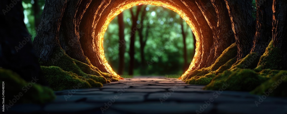 Poster mystical nature concept. a magical forest pathway illuminated by glowing arches between ancient tree