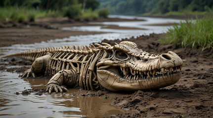 Naklejka premium A skeleton of a crocodile is laying in the mud of a river,generative.ai 