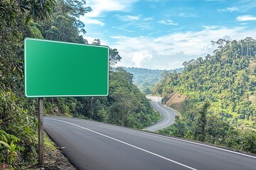 Green road sign on mountain highway, dense jungle, adventure backdrop.
