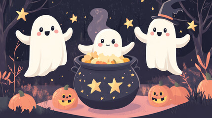 Cartoon kawaii ghosts near Halloween cauldron. Spooky holiday night monsters vector characters flying around witch potion pot with trick or treat pumpkin basket and stars, Halloween holiday poster