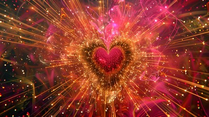 A vibrant fireworks display with heart-shaped bursts in pink, gold, and red