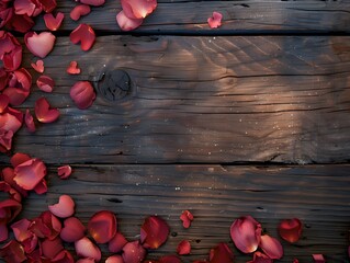 A rustic wooden texture background with engraved heart designs and faded rose petals scattered lightly