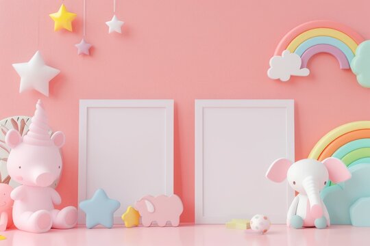 Cute kawaii animal photo frames on pink background - Powered by Adobe