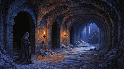 A hooded figure stands in a dimly lit, ancient stone tunnel with arched passageways and flickering torches.