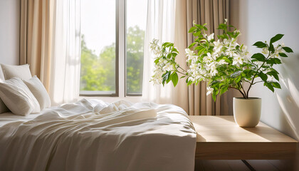 Sunlight streams through an open window, causing pale linen curtains to dance gently. A tidy minimalist bedroom features a fresh potted plant, embodying the spirit of spring cleaning and renewal