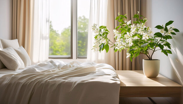 Sunlight streams through an open window, causing pale linen curtains to dance gently. A tidy minimalist bedroom features a fresh potted plant, embodying the spirit of spring cleaning and renewal