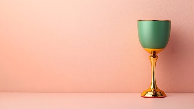 A single, sage green goblet with a gold-toned stem and base stands against a soft, pastel pink wall.