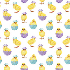 Easter time cute yellow chicks with pastel color painted eggs seamless pattern on white background. Hand drawn vintage style illustration. Perfect for Easter festive decor and spring themed crafts
