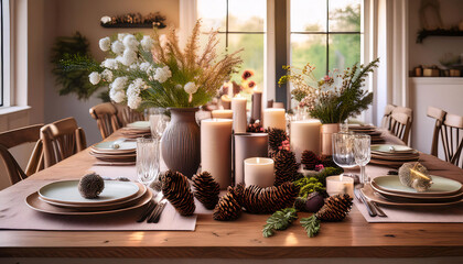 Fototapeta premium A rustic table filled with a harmonious mix of seasonal decor, featuring pinecones and dark candles, invites a spirit of spring cleaning and renewal within a sunny, warm setting