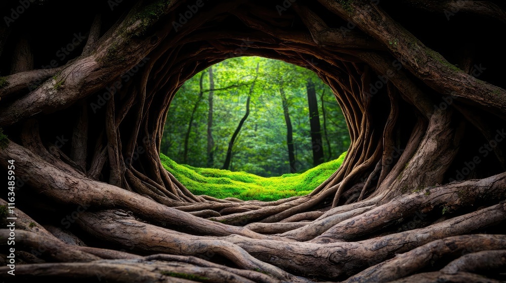 Poster Mystical nature concept. A captivating view through twisted tree roots into a vibrant green forest.
