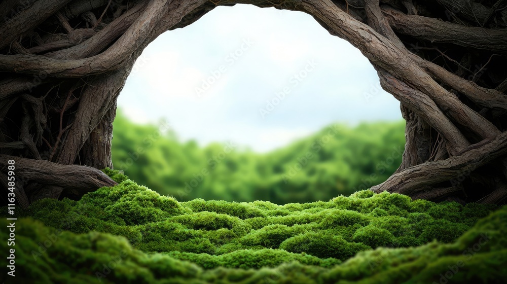 Aufkleber mystical nature concept. a serene view of lush greenery framed by intertwined branches and moss.