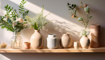 Gorgeous shelf in a bright living room is being restyled with seasonal flowers and elegant vases, reflecting the joy of spring awakening and fresh beginnings