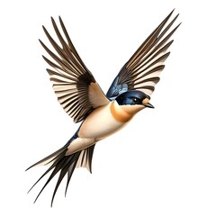 Naklejka premium A vibrant illustration of a bird, likely a swallow or similar species, in mid-flight against a pure white background.