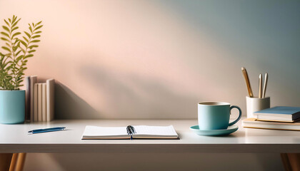 A serene desk setup features a neatly placed notebook and pen beside a soft blue coffee cup, surrounded by hints of spring. The atmosphere inspires mindfulness and organization