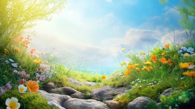 A colorful field of flowers with a blue sky in the background