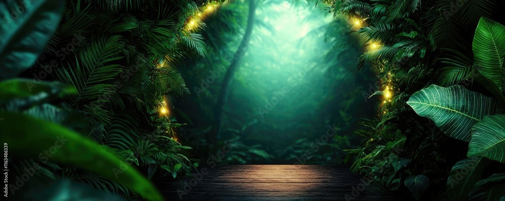 Poster mystical tropical concept. mysterious forest scene with lush greenery and ambient glowing lights ill