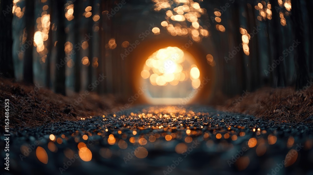 Poster mystical nature concept. a serene view of a forest path illuminated by warm sunlight during sunset.