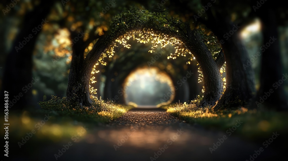 Poster Mystical nature concept. A tranquil pathway surrounded by illuminated trees, inviting exploration and serenity.