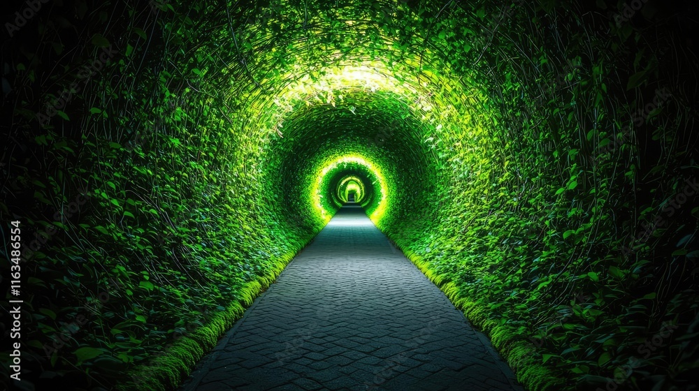 Aufkleber mystical nature concept. a serene path through a vibrant green tunnel of lush foliage and soft light