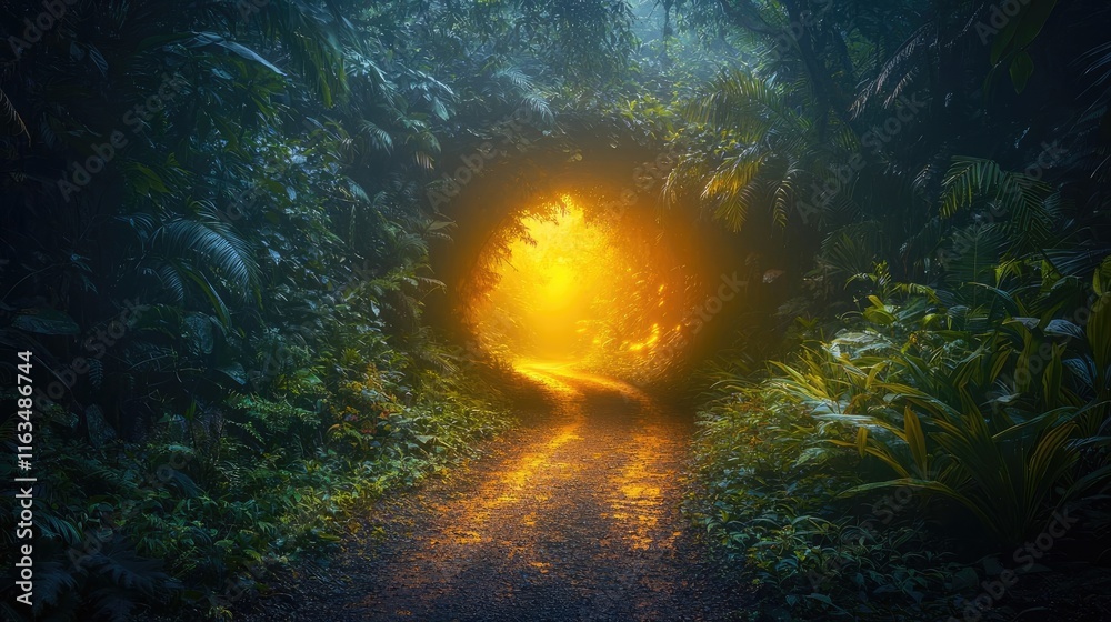 Poster mystical lush idea. a mystical path through the lush forest leading to a glowing light in the distan