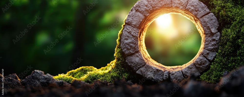 Poster Mystical nature concept. A natural scene featuring a moss-covered log with sunlight creating a mystical glow.