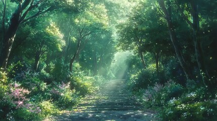 Obraz premium Whimsical cartoon forest animation background featuring lush green trees, playful anime elements, magical atmosphere, and vibrant nature scenes in a colorful cartoon and anime style