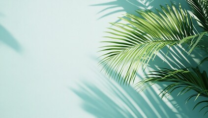Palm Leaves Cast Shadows on a Teal Wall: Summer Vibes and Tropical Aesthetic Background