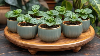 Eight potted mint plants arranged on a wooden tray