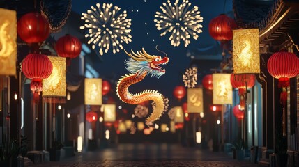 Fototapeta premium Festive Dragon Fireworks and Lanterns Chinese New Year Celebration