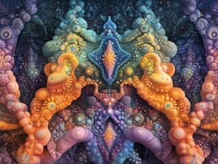 An grids and fractal designs, with vibrant, radiating colors arranged in perfectly symmetrical forms for a mesmerizing effect. Generate Ai