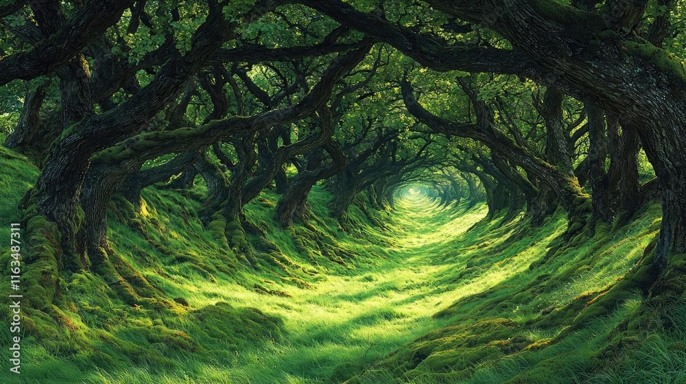 Poster Mystical lush idea. A mesmerizing forest path illuminated by soft sunlight through vibrant green foliage.