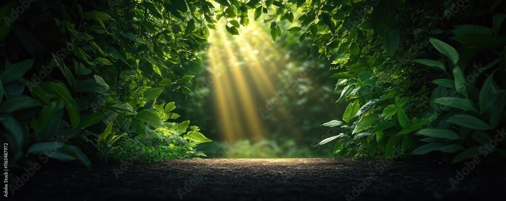Poster mystical nature concept. a serene forest path illuminated by sunlight filtering through lush greener