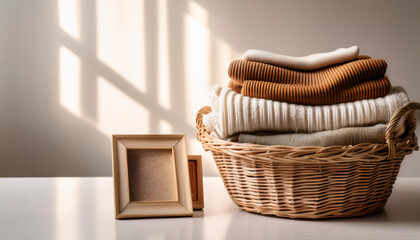 Fototapeta premium A woven basket sits elegantly filled with neatly folded sweaters, complemented by an old photo frame, evoking the warmth and nostalgia of spring cleaning