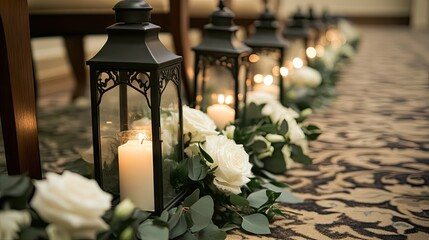 Obraz premium Candle Lanterns with White Roses on Elegant Carpeted Aisle