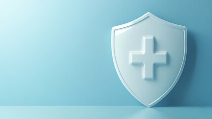 Obraz premium Healthcare symbol displayed on a light blue background showcasing a medical shield with a cross emblem
