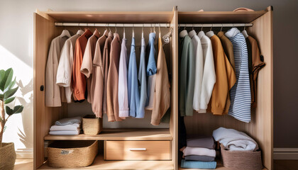 Bright colors harmonize in a well-organized wardrobe showcasing neatly hung clothes. This spring cleaning effort rejuvenates the space, inviting a sense of calm and clarity